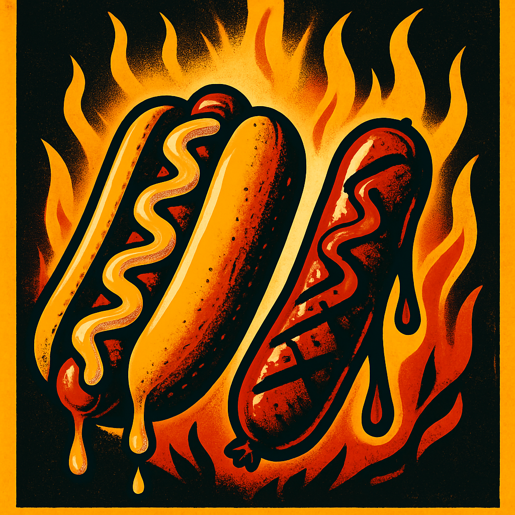 A loaded hot dog and a fiery hot link